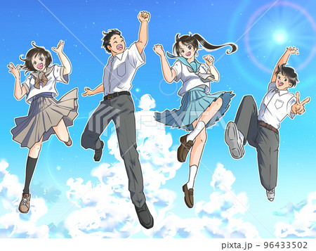 夏空、入道雲を背景にジャンプする男女の学生　夏服 96433502