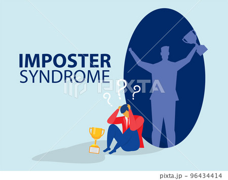Imposter syndrome.man standing for her present profile with fear shadow behind. Anxiety and lack of self confidence at work; the person fakes is someone else concept 96434414