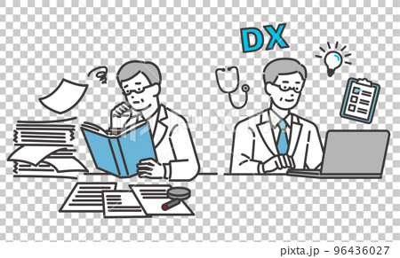 DX化で業務の効率化が進んだ医者のベクターイラスト素材／医療／IT／診療報酬改定DX／効率化 96436027