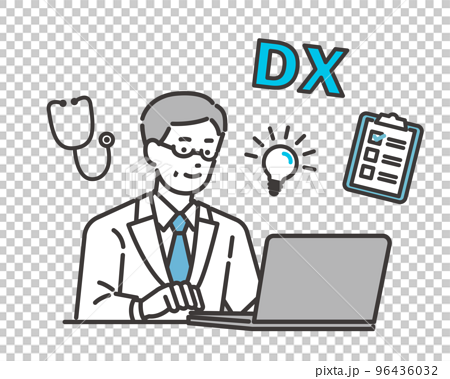 DX化で業務の効率化が進んだ医者のベクターイラスト素材／医療／IT／診療報酬改定DX／効率化 96436032