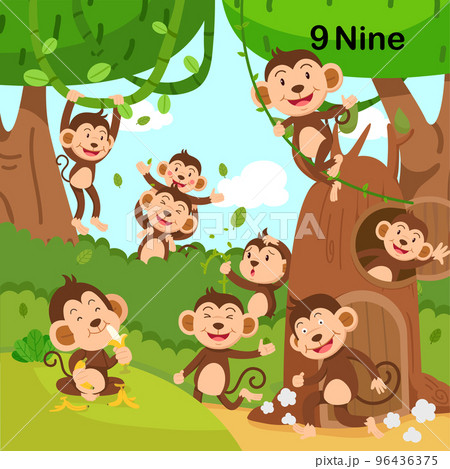 Flashcard number nine with 9 monkey learning for kid illustration vector 96436375