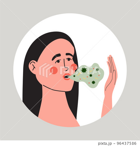 Woman with bad smelling breath. Halitosis oral health problem. Flat vector medical illustration 96437586
