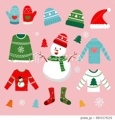 Snowman and winter clothing set on pink background. 96437620