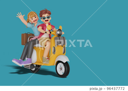 Male and female tourists go on a motorcycle trip. 3D Render illustration Male and female tourists go on a motorcycle trip. 3D Render illustration 96437772