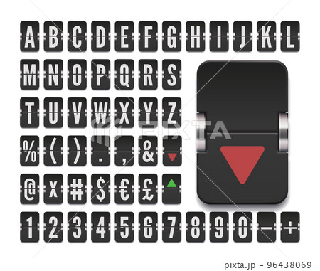 Flip board alphabet to display stock exchange rates. Airport terminal mechanical scoreboard font for financial markets information and timetable showing. Vector illustration. Flip board alphabet to display stock exchange rates. Airport terminal mechanical scoreboard font for financial markets information and timetable showing. Vector illustration. 96438069