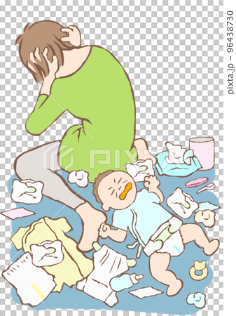 Illustration of a young woman with childcare neurosis holding her head and a crying baby 96438730