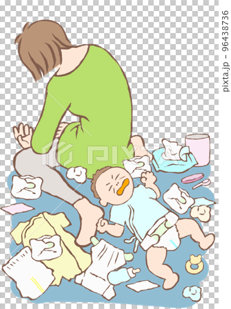 育児に疲れ切り放心する若い女性と泣き叫ぶ赤ちゃんのイラスト 育児に疲れ切り放心する若い女性と泣き叫ぶ赤ちゃんのイラスト 96438736