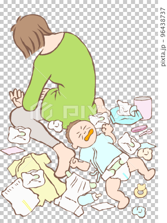 一位因育兒和哭鬧的嬰兒而筋疲力盡的年輕女性的插圖 一位因育兒和哭鬧的嬰兒而筋疲力盡的年輕女性的插圖 96438737