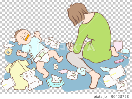 一位因育兒和哭鬧的嬰兒而筋疲力盡的年輕女性的插圖 一位因育兒和哭鬧的嬰兒而筋疲力盡的年輕女性的插圖 96438738