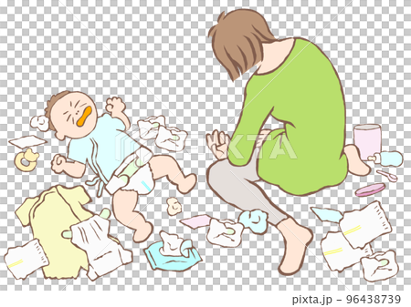 育児に疲れ切り放心する若い女性と泣き叫ぶ赤ちゃんのイラスト 96438739