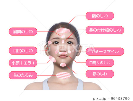女性が気になる顔のシワの施術部位 ナチュラルな日本人3Dモデル女性のイラスト 96438790
