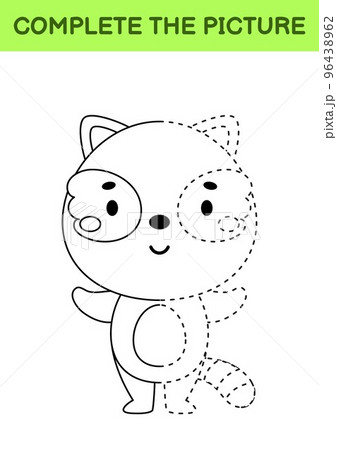 Complete drawn picture of cute raccoon. Coloring book. Dot copy game. Handwriting practice, drawing skills training. Education developing printable worksheet. Activity page. Vector illustration 96438962