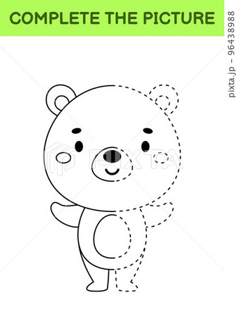 Complete drawn picture of cute bear. Coloring book. Dot copy game. Handwriting practice, drawing skills training. Education developing printable worksheet. Activity page. Vector illustration 96438988