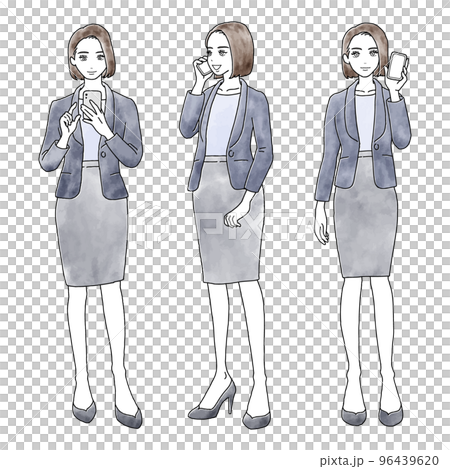 水彩風格設置插圖素材，穿著西裝的女性操作智能手機或微笑著打電話 96439620