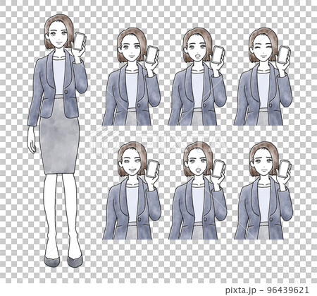 此處顯示智能手機屏幕的女性的面部表情差異水彩風格插圖素材 96439621