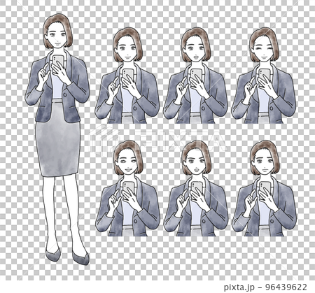 操作智能手機的女性的面部表情差異水彩風格插畫素材 96439622