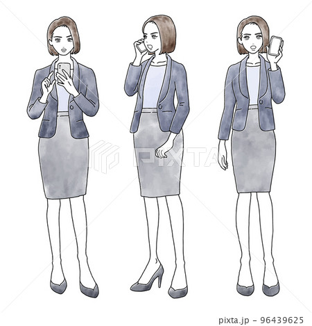 怒った表情でスマートフォンを操作したり通話したりしているスーツの女性の水彩風セットイラスト素材 96439625