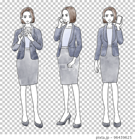 怒った表情でスマートフォンを操作したり通話したりしているスーツの女性の水彩風セットイラスト素材 96439625