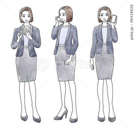 驚いた表情でスマートフォンを操作したり通話したりしているスーツの女性の水彩風セットイラスト素材 驚いた表情でスマートフォンを操作したり通話したりしているスーツの女性の水彩風セットイラスト素材 96439626