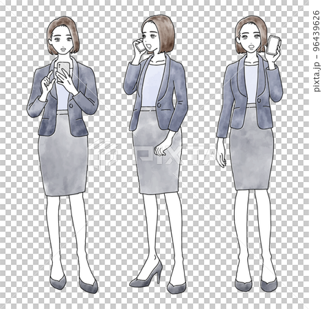 驚いた表情でスマートフォンを操作したり通話したりしているスーツの女性の水彩風セットイラスト素材 驚いた表情でスマートフォンを操作したり通話したりしているスーツの女性の水彩風セットイラスト素材 96439626