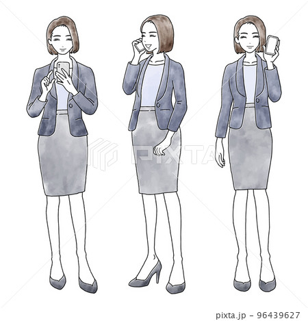 笑顔でスマートフォンを操作したり通話したりしているスーツの女性の水彩風セットイラスト素材 笑顔でスマートフォンを操作したり通話したりしているスーツの女性の水彩風セットイラスト素材 96439627
