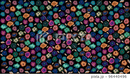 Horizontal floral backdrop decorated with gorgeous multicolored flowers and leaves spring botanical border flat on black background. 96440496