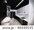 3d render of a modern kitchen in an city apartment. Kitchen interior design with black cabinets below and white cabinets on the top 96440535