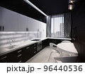 3d render of a modern kitchen in an city apartment. Kitchen interior design with black cabinets below and white cabinets on the top 96440536