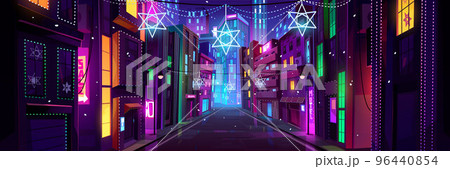 Night city street perspective view with neon light 96440854