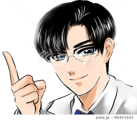 イケメン黒髪メガネ医師が指差し健康指導するカラー漫画イラスト白背景	 96441683