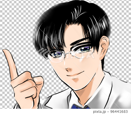 イケメン黒髪メガネ医師が指差し健康指導するカラー漫画イラスト白背景	 96441683