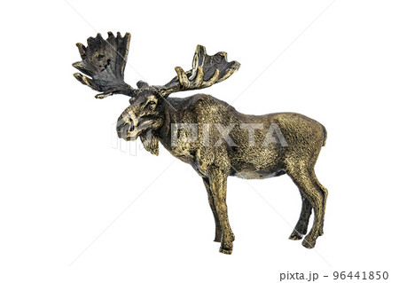 Horned elk, deer Vintage Antique grunge bronze brass figurine statue of beautiful animal, isolated on white background. Decoration Sculpture for interior. Close up Selective soft focus. 96441850