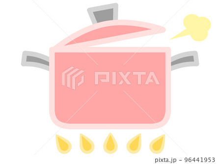 黒い持ち手の付いた赤い両手鍋が火に掛かって湯気が立っている様子のイラスト（蓋あり） 96441953