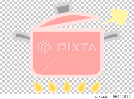 黒い持ち手の付いた赤い両手鍋が火に掛かって湯気が立っている様子のイラスト（蓋あり） 96441953