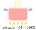 黒い持ち手の付いた赤い両手鍋が火に掛かって湯気が立っている様子のイラスト（蓋なし） 96441955