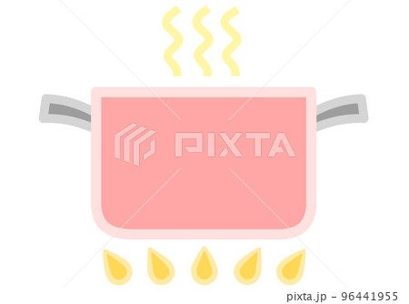 黒い持ち手の付いた赤い両手鍋が火に掛かって湯気が立っている様子のイラスト（蓋なし） 96441955