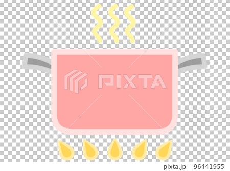 黒い持ち手の付いた赤い両手鍋が火に掛かって湯気が立っている様子のイラスト（蓋なし） 96441955