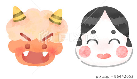 鬼と福の神の顔のイラスト　手描き　水彩風 96442052