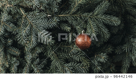 Texture of wall green pine fir branches. Xmas Winter holiday composition. Greeting card, banner, web. Christmas and New Year background with santa claus. 96442146
