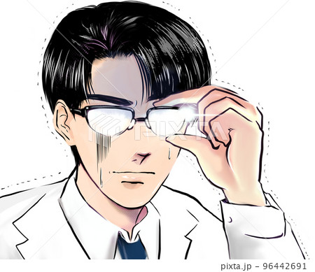 怪しみ目を光らせ何かを見つめ震える白衣姿の黒髪メガネドクターのカラー漫画イラストと白背景 96442691
