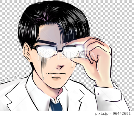 怪しみ目を光らせ何かを見つめ震える白衣姿の黒髪メガネドクターのカラー漫画イラストと白背景 96442691
