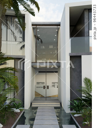Modern urban office building entrance door with tropical outdoor garden, pond and cement path Modern urban office building entrance door with tropical outdoor garden, pond and cement path 96443733