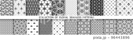 Geometric floral set of seamless patterns. Black and white backgrounds. Simple illustrations Geometric floral set of seamless patterns. Black and white backgrounds. Simple illustrations 96443896