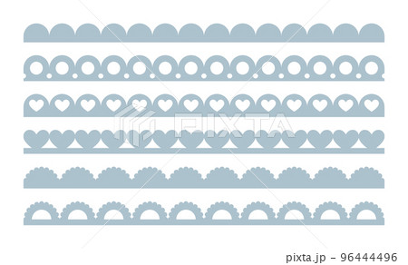 Scalloped edge seamless brush strokes set. Simple scalloped border. Fabric laces silhouette. Repeat cute vintage frill ornament. Texture ribbons. Vector illustration isolated on white background 96444496