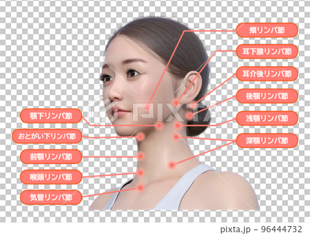 頸部臉部淋巴結名稱自然日本女模特兒側面圖 頸部臉部淋巴結名稱自然日本女模特兒側面圖 96444732