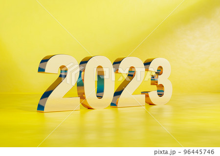 2023 gold number on clean yellow color abstract background. Happy new year concept.3d render graphic 96445746