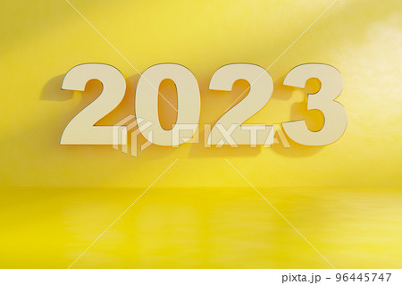 2023 gold number on clean yellow color abstract background. Happy new year concept.3d render graphic 2023 gold number on clean yellow color abstract background. Happy new year concept.3d render graphic 96445747