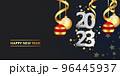 Happy new year 2023.golden Christmas decoration and confetti onbackground. Holiday greeting card design. 96445937