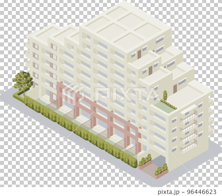 Isometric illustration of an apartment building with a private garden 96446623