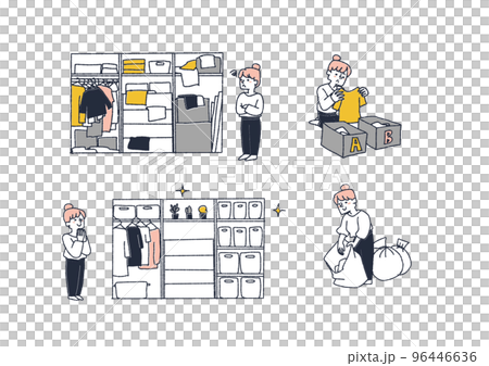 ミニマリストや整理整頓が上手な人になるイラストのセット ミニマリストや整理整頓が上手な人になるイラストのセット 96446636